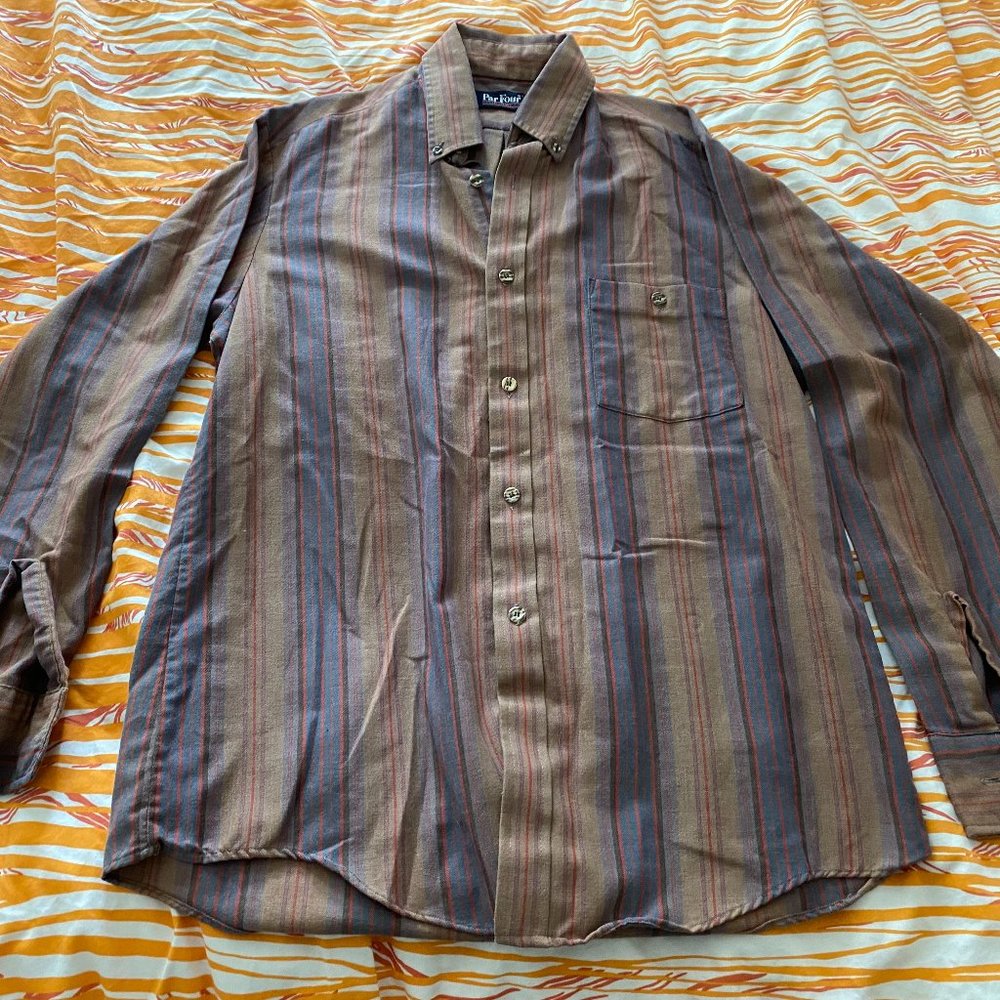 Vintage Par Four Sportswear Button-Down Shirt - Brown Striped - "Men's" Medium